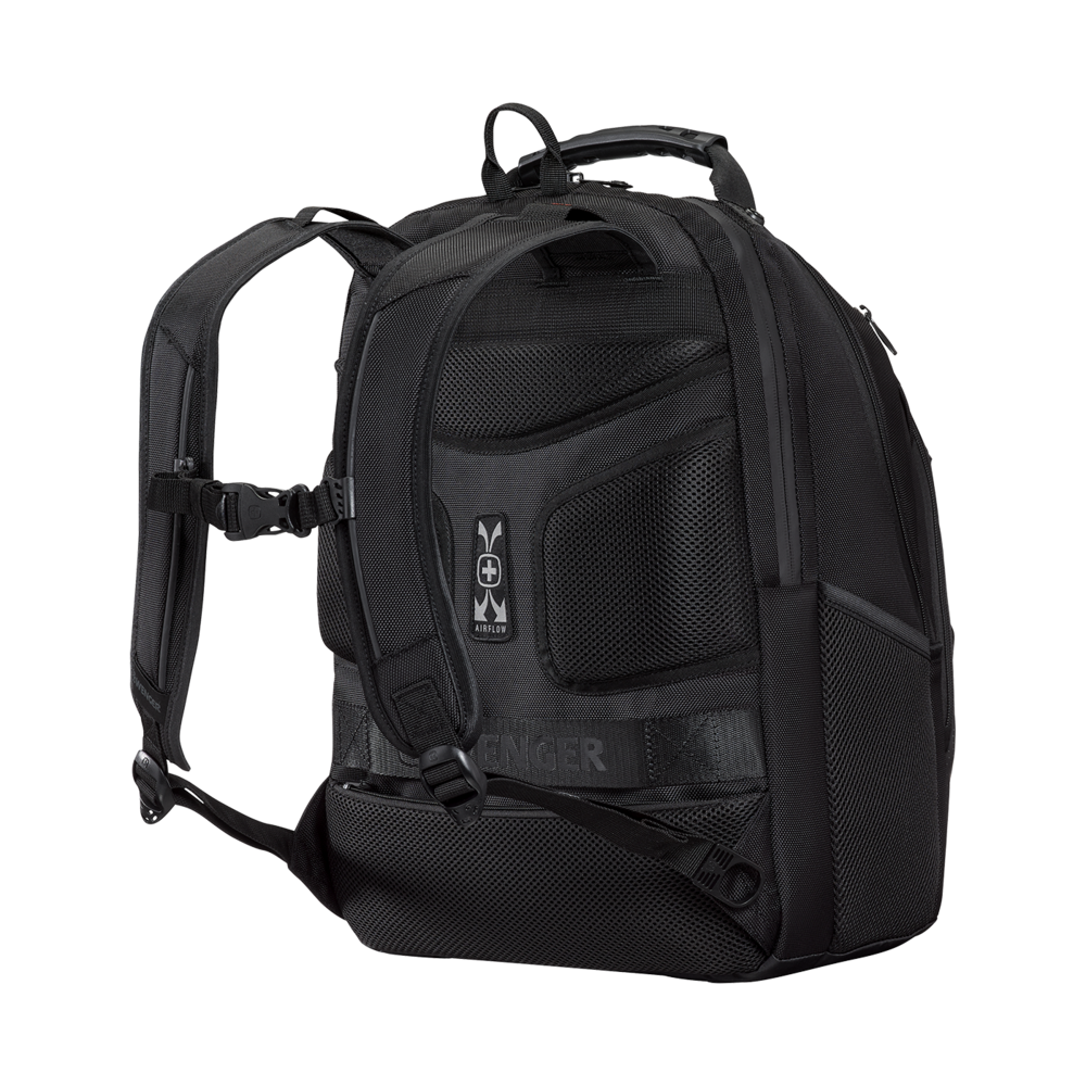 Black backpack with padded straps and airflow system, Wenger brand, side view.
