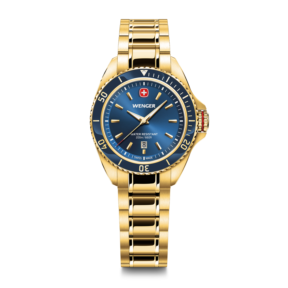 Gold Wenger wristwatch with blue dial and date window.