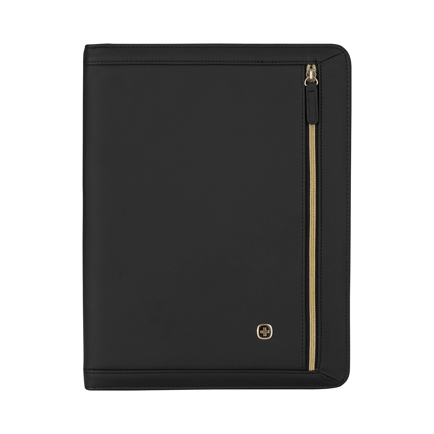 Black portfolio with gold zipper and logo. Leather-look. Business accessory.
