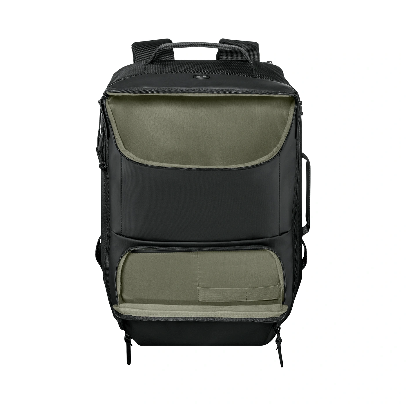 A black backpack with open compartments and interior lining.