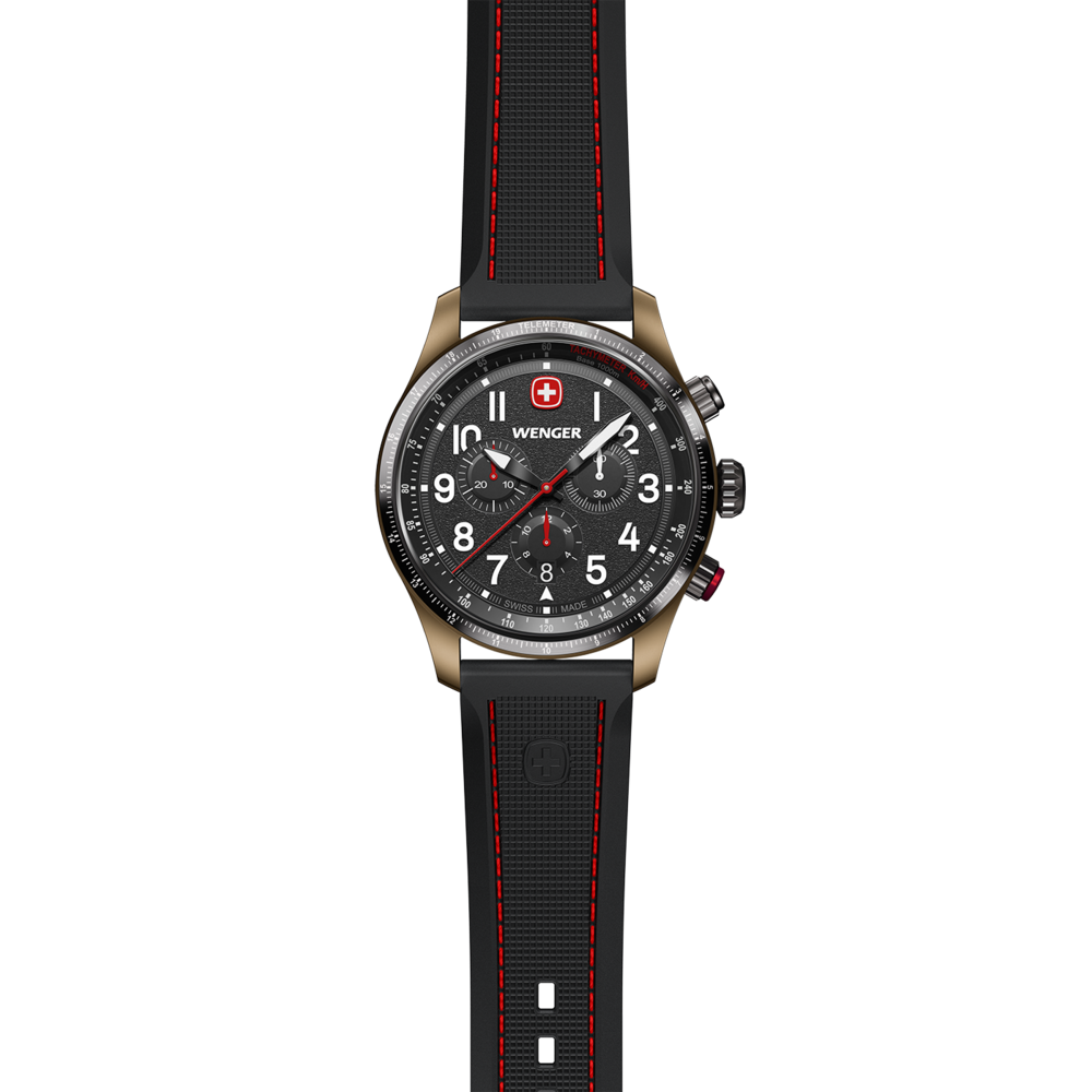 Wenger watch with black strap and red stitching, chronograph function, Swiss made.