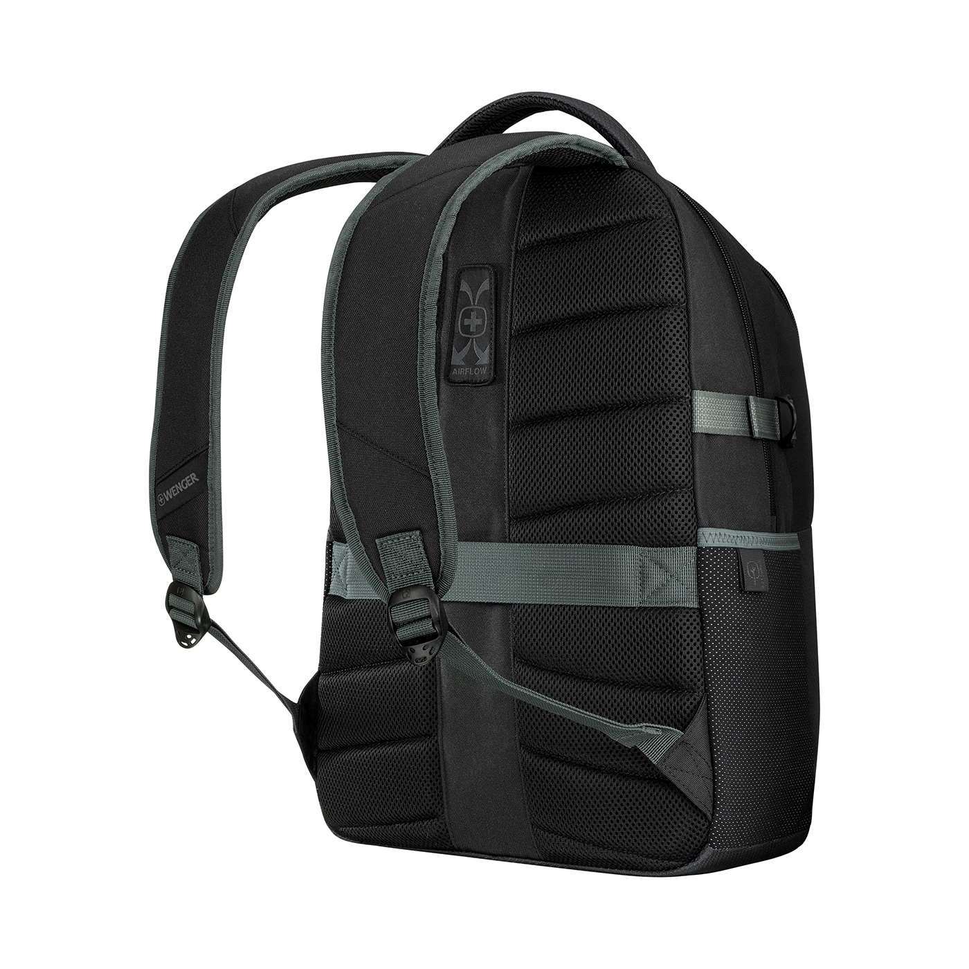 Black backpack with grey accents, by Wenger brand, on a black background.