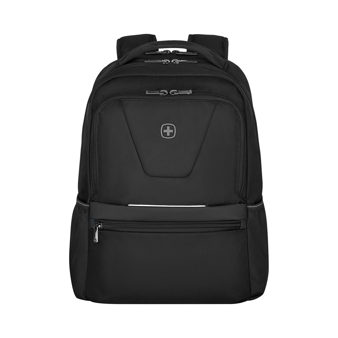 Black backpack with zippers and logo on a black background, front view.