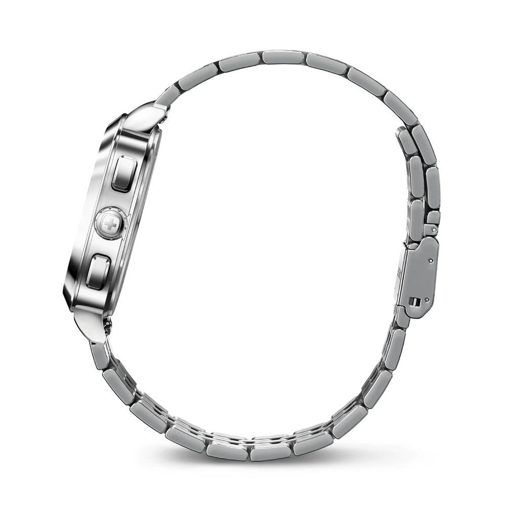 Silver watch with bracelet, side view, close-up, shiny, elegant, luxury accessory