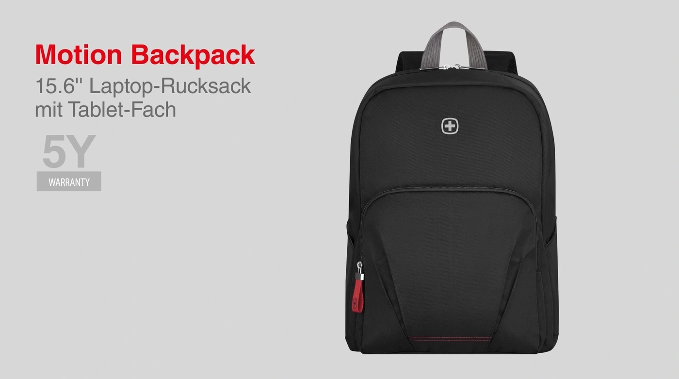 Black backpack with red seam and 5 year warranty, laptop compartment