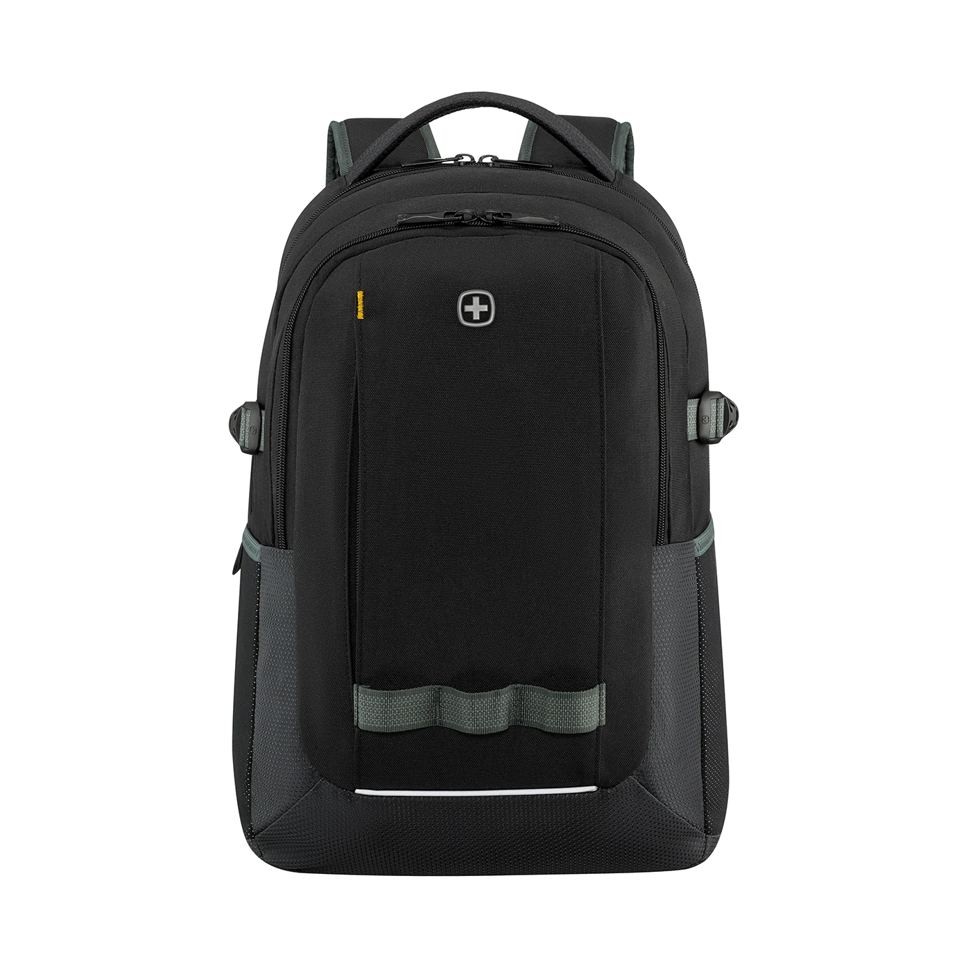 Black backpack with gray details and a white stripe, ideal for everyday use and travel.