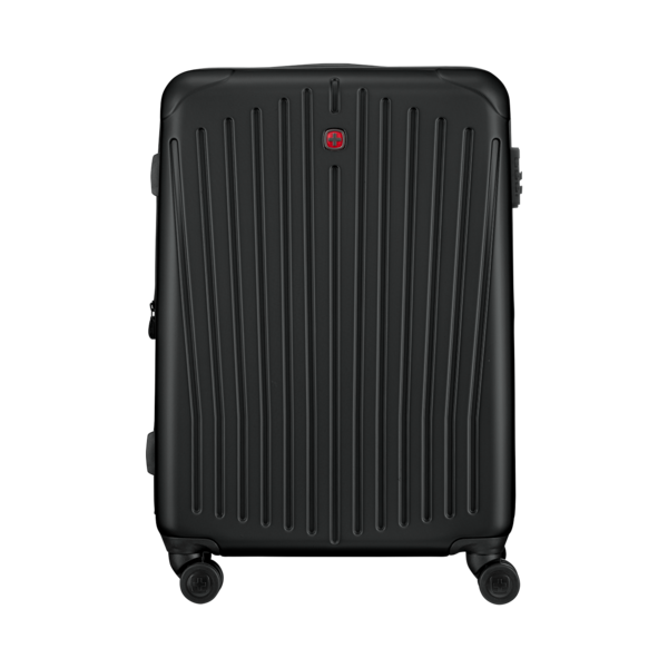 Black suitcase with vertical lines and wheels, isolated on white background