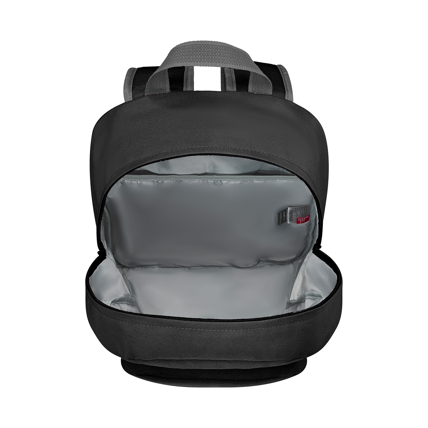 Black backpack, open, interior visible, with handle and straps, on black background