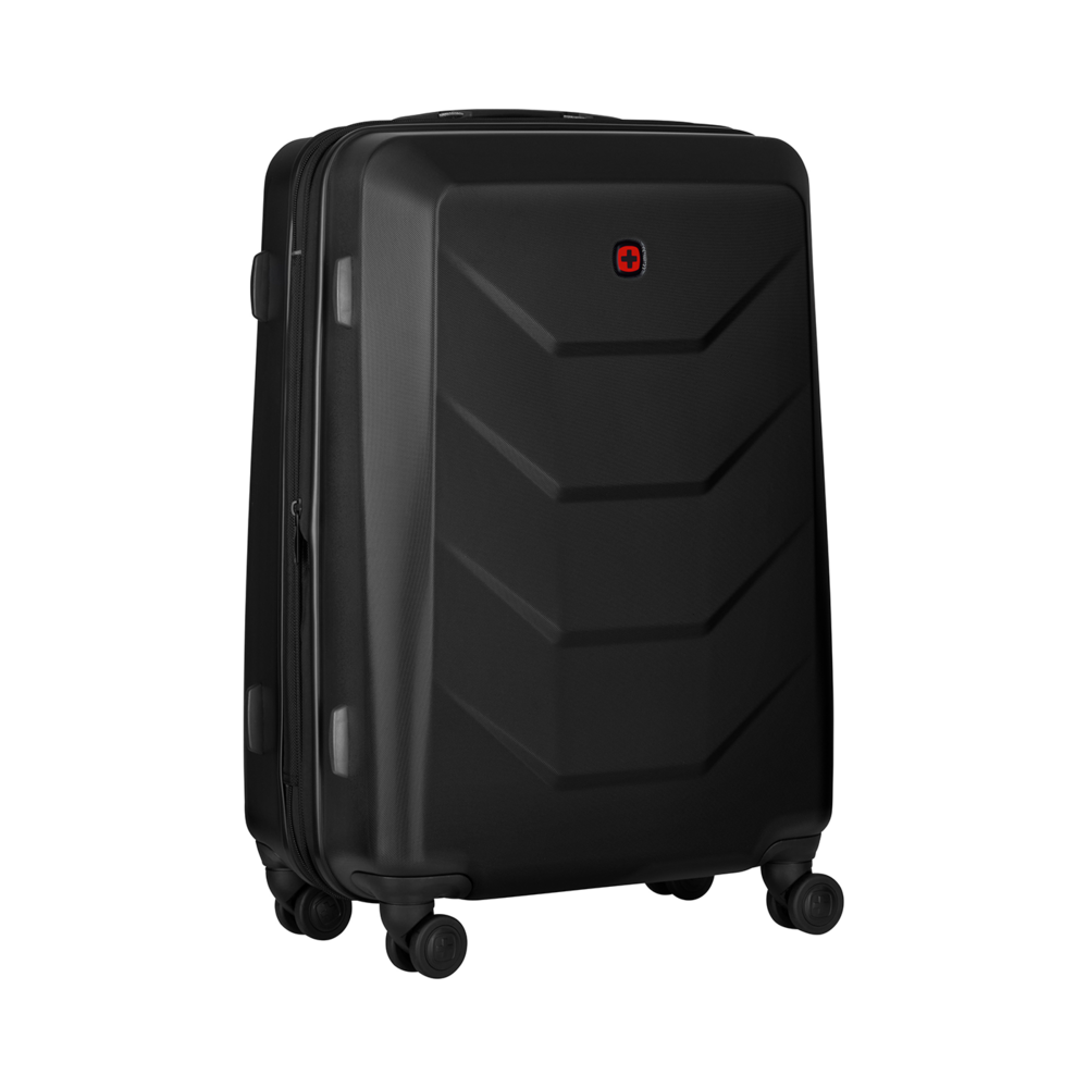 Black suitcase with red logo on black background. Luggage for travel and vacation.