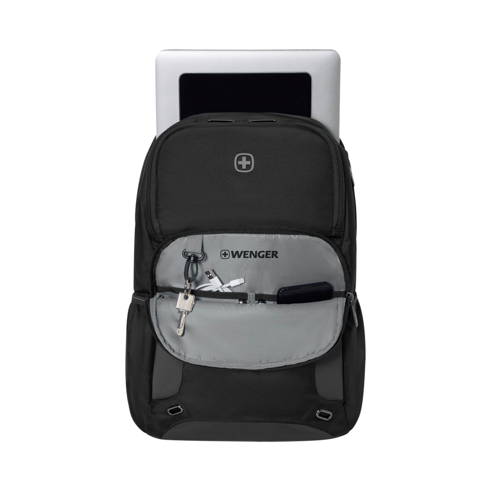Black backpack with laptop and accessories, Wenger logo, open pocket