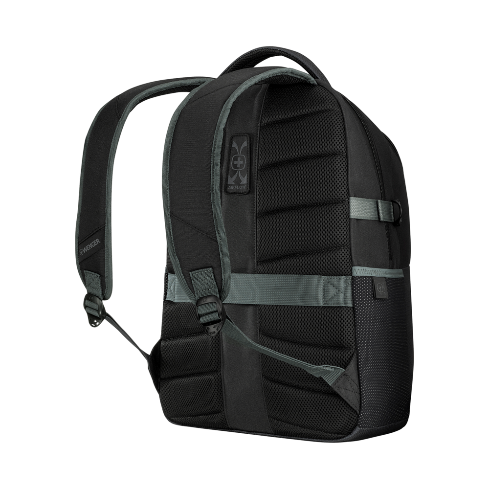 Black backpack with grey accents, by Wenger brand, on a black background.