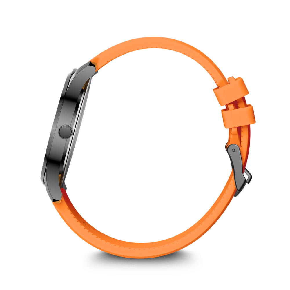 A smartwatch with an orange strap, seen from the side.