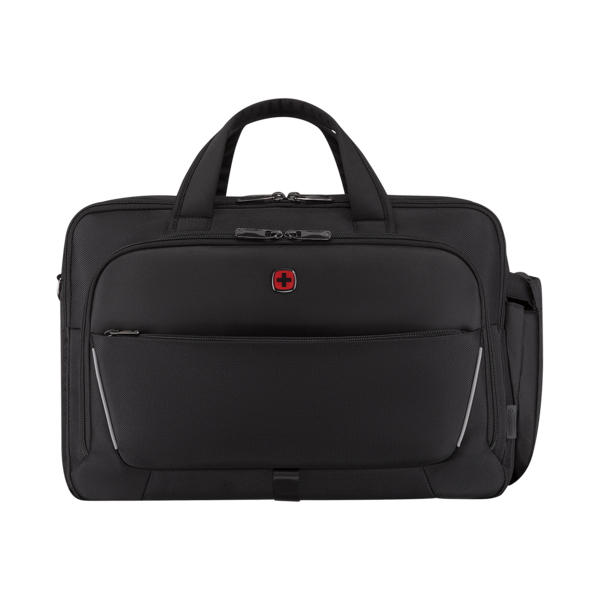Black briefcase with red cross logo, zippers, and a handle for carrying