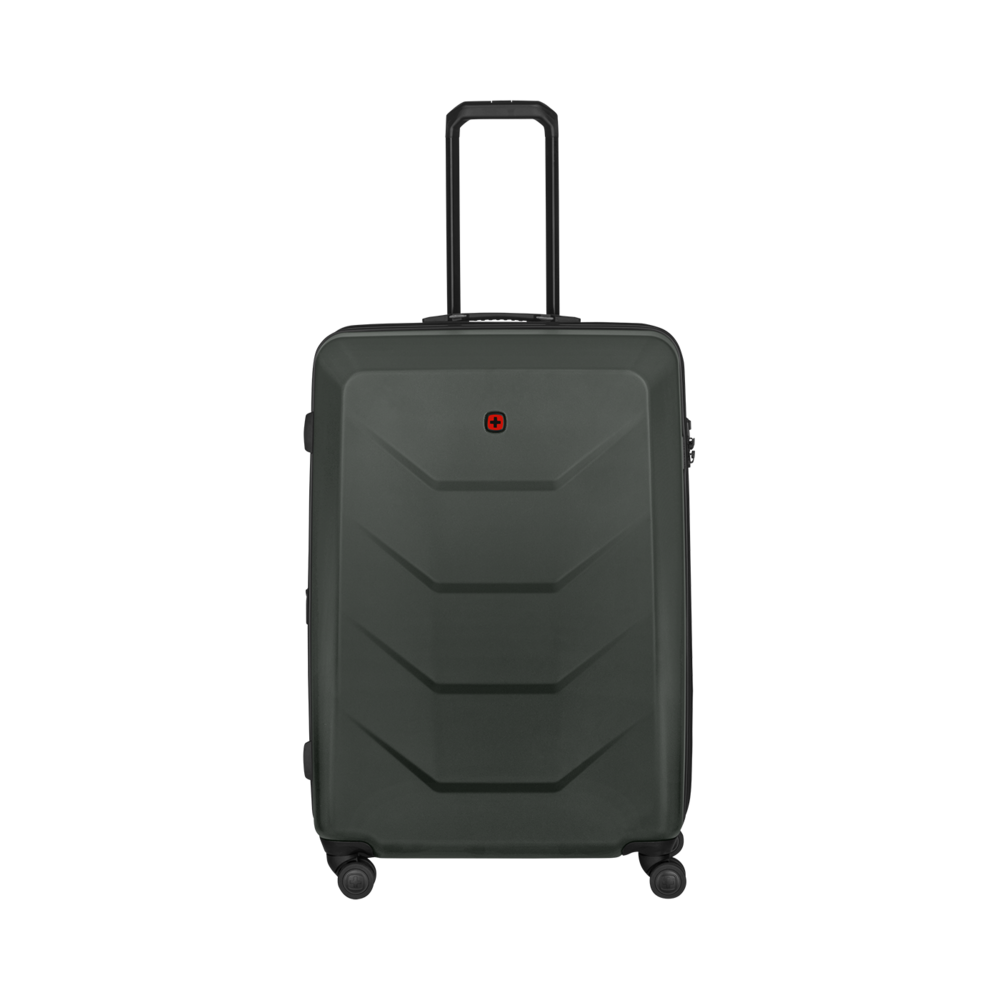 Dark green suitcase with red cross, handle and wheels, isolated