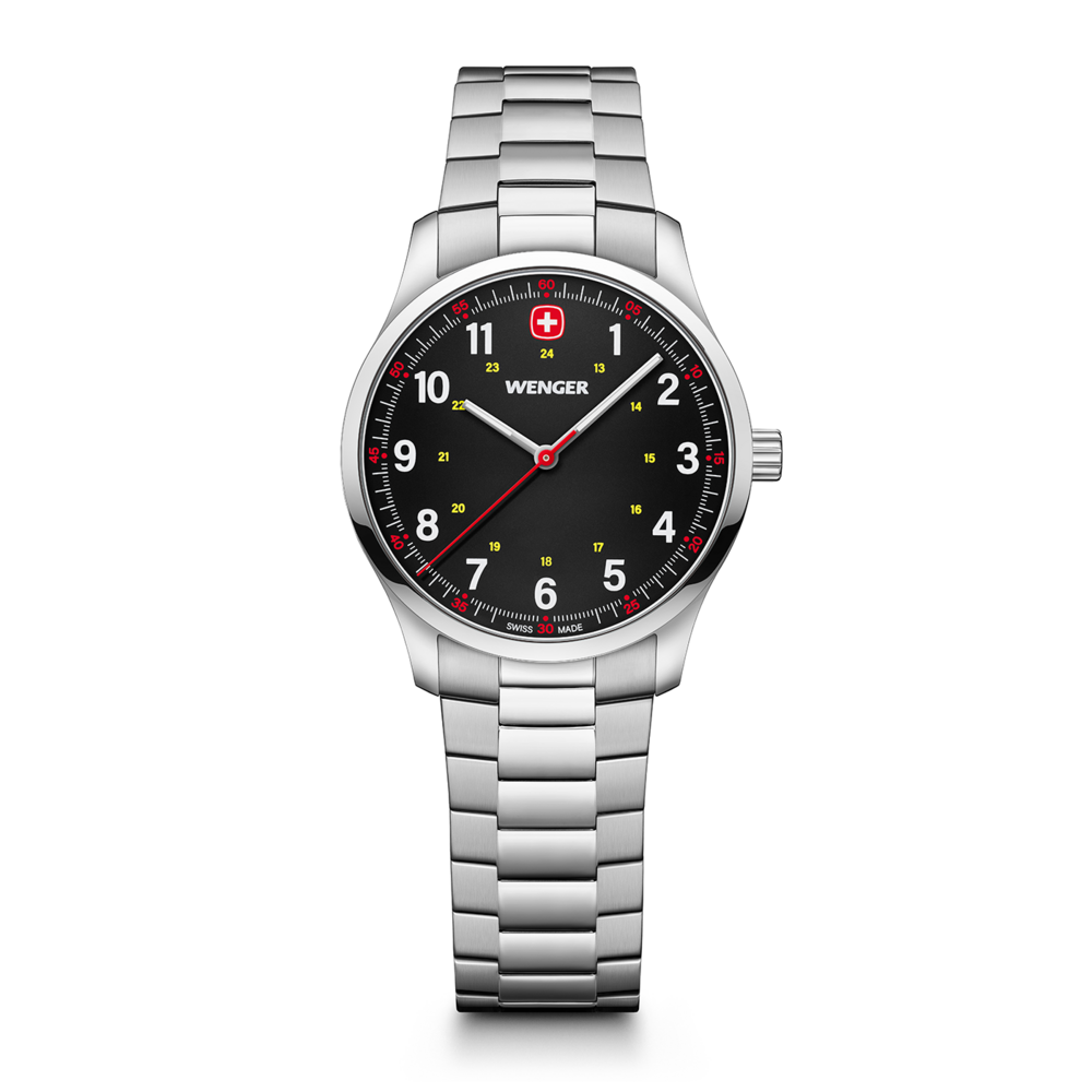 Wenger watch with black face and silver band. Swiss made, classic design.