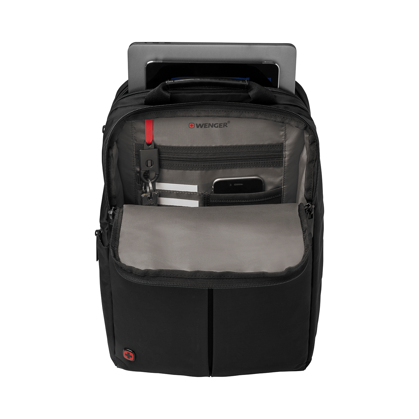 Black backpack with tablet and accessories, open pocket, Wenger logo visible