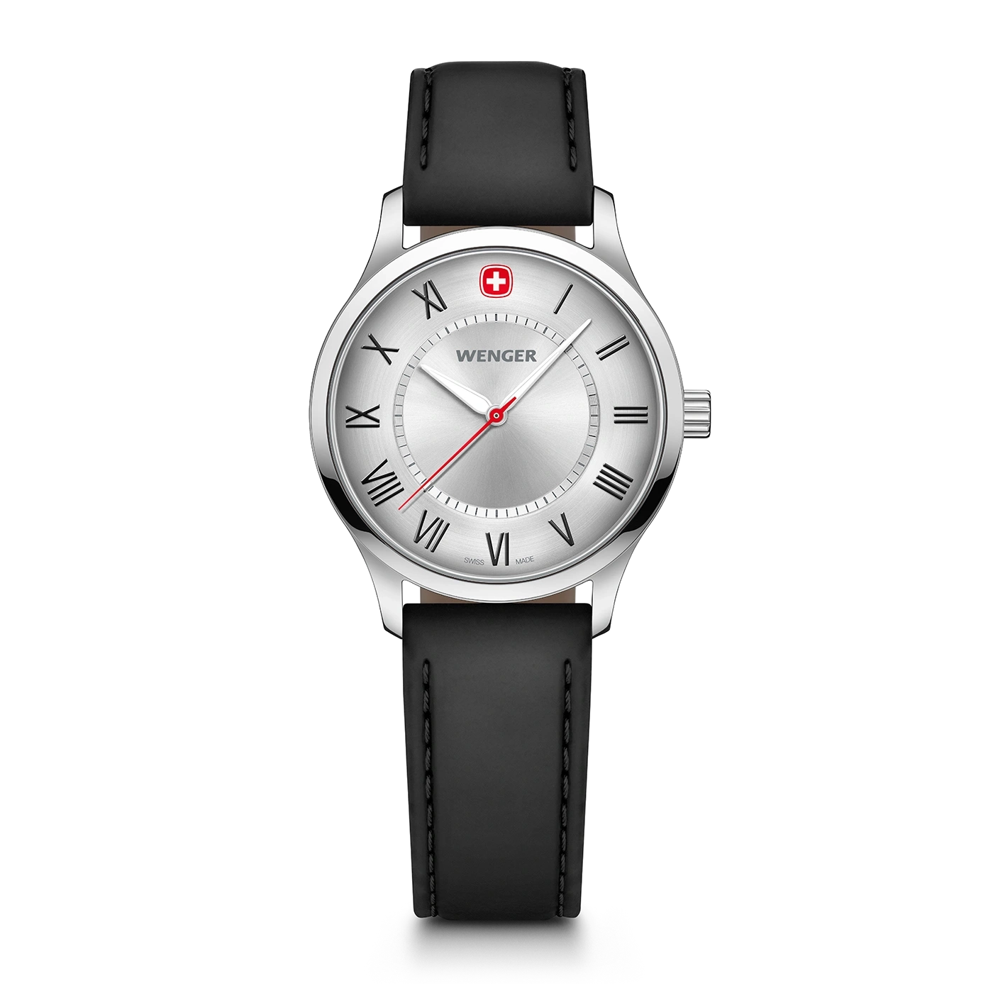Wenger women's watch with black leather strap and silver dial