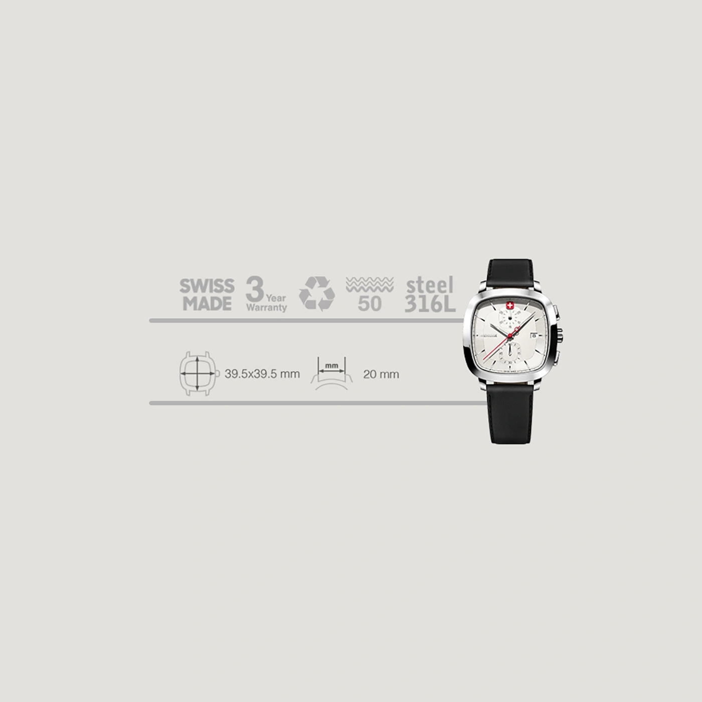 Swiss watch with black leather strap, steel case, 3 years warranty