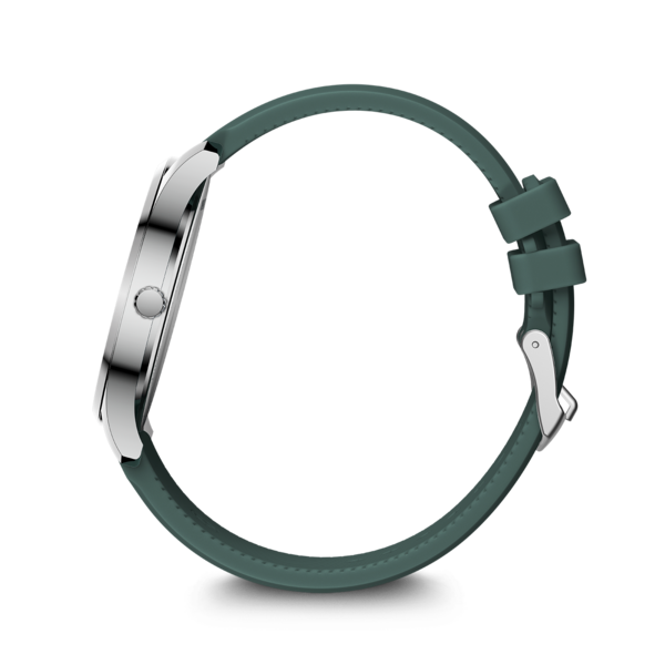 A silver watch with a green strap on a white background.