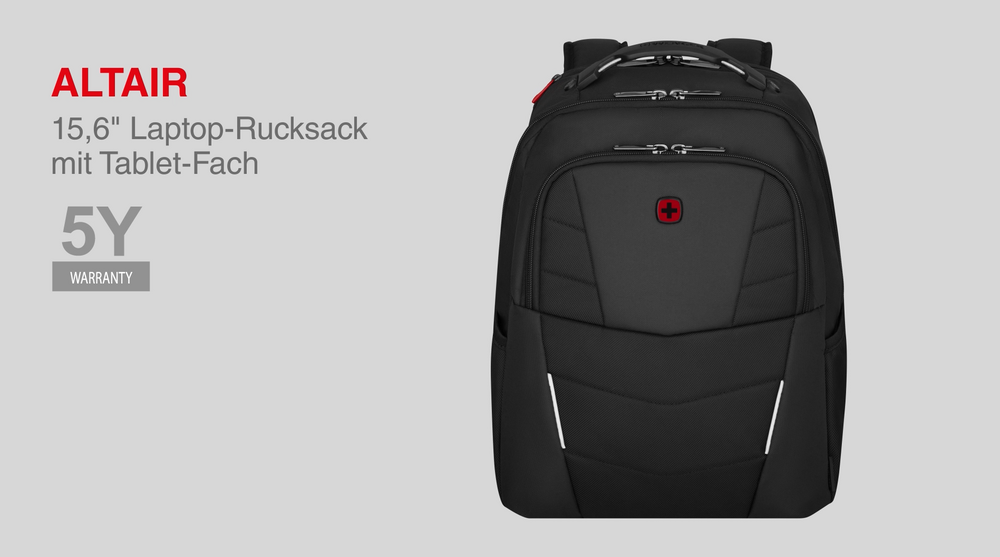 Black backpack with red logo and 5 years warranty. Laptop backpack with tablet compartment.