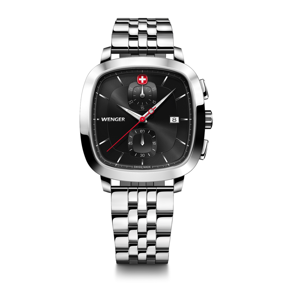 Wenger watch, square face, black dial, silver band, Swiss made watch, elegant design