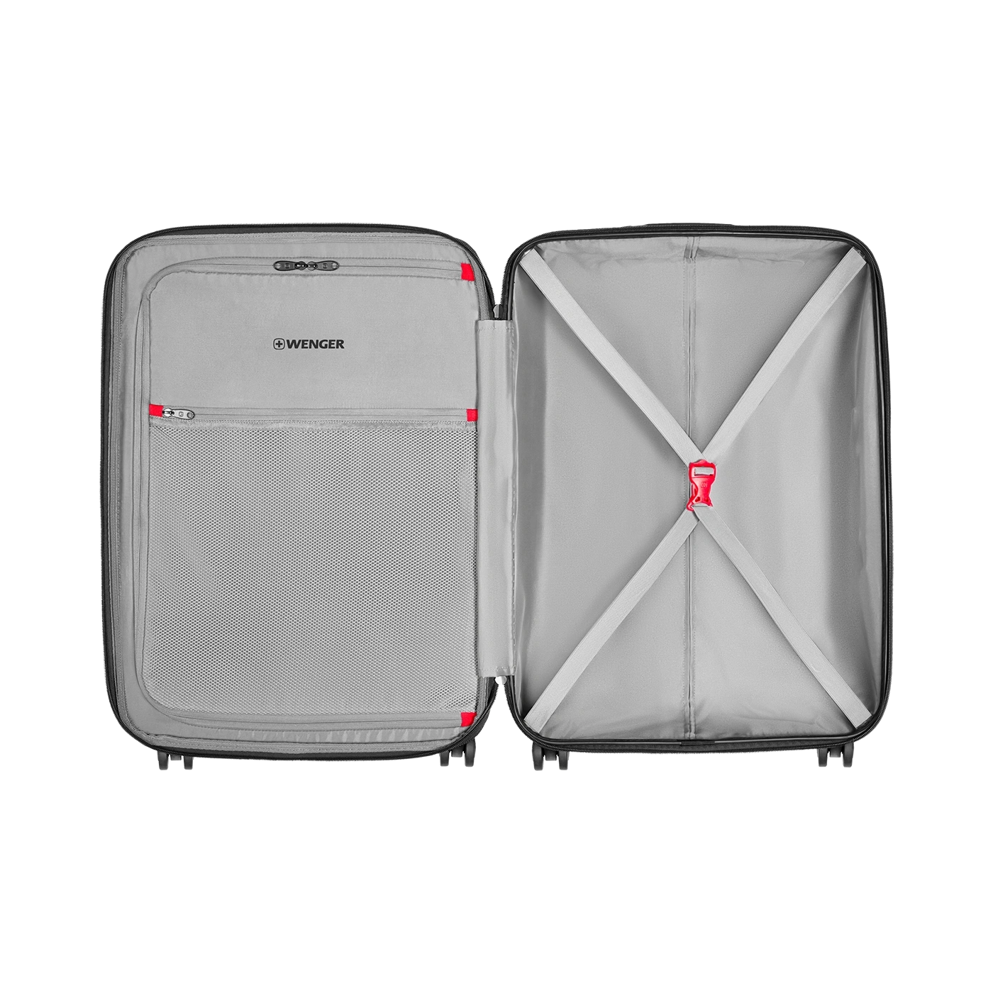 Open suitcase with gray interior and red accents, brand Wenger. Luggage detail.