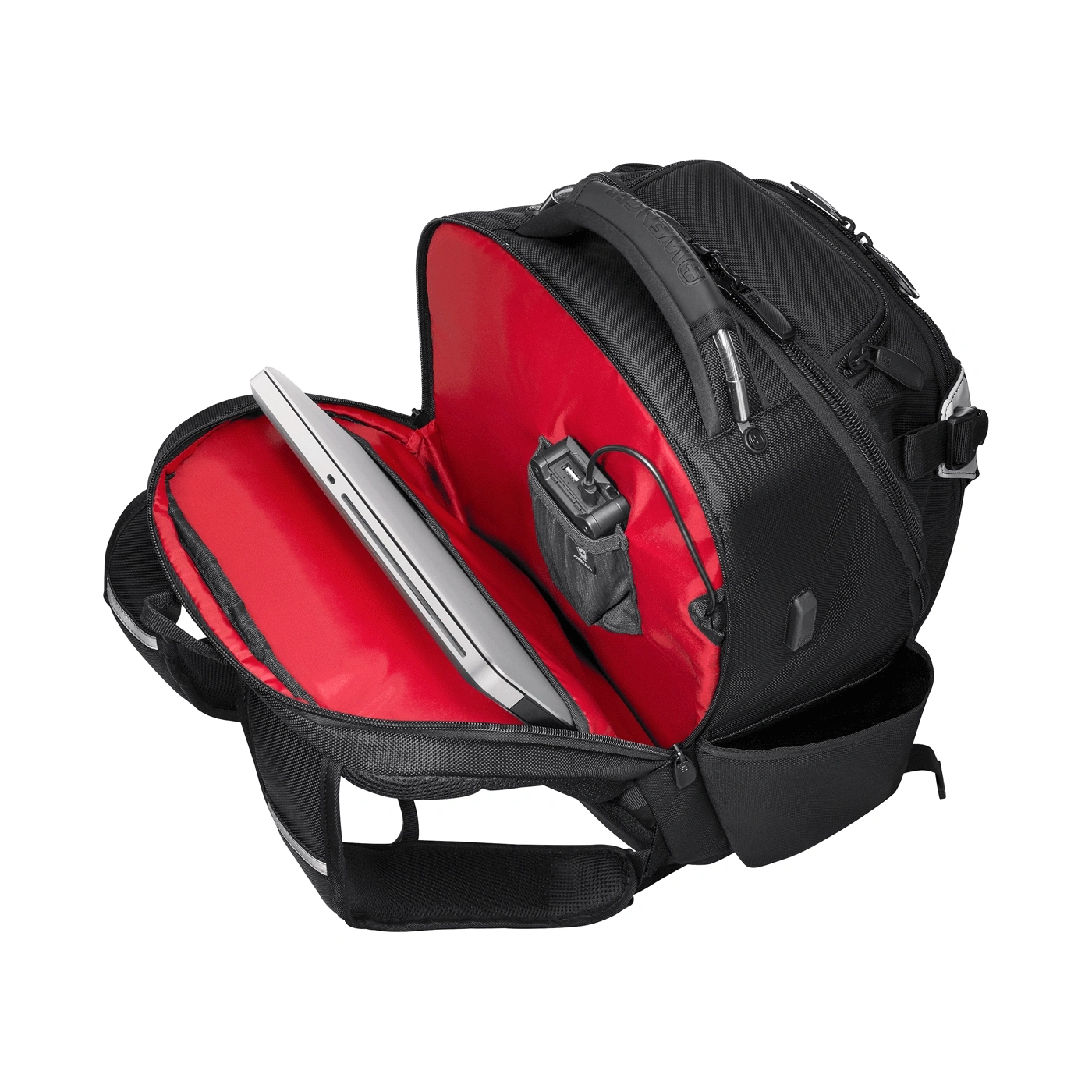 An open black backpack with a laptop and charger inside.