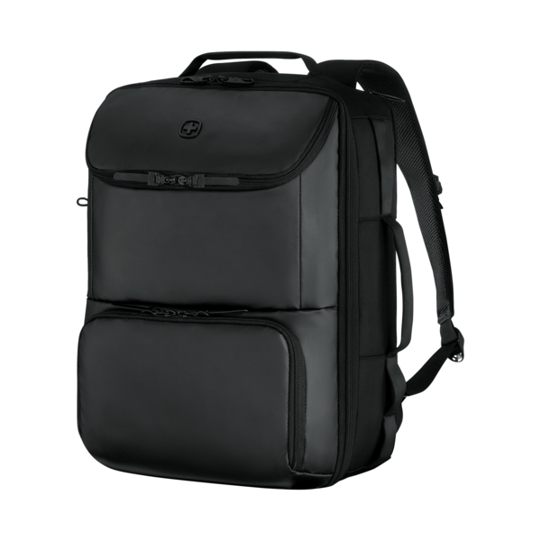 Black backpack with multiple compartments and zippers.