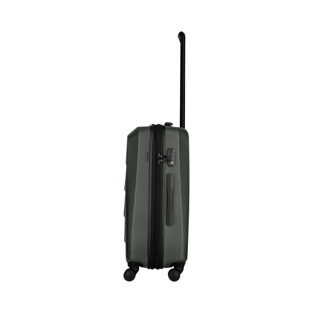 Dark green suitcase with retractable handle and wheels, isolated on a white background.