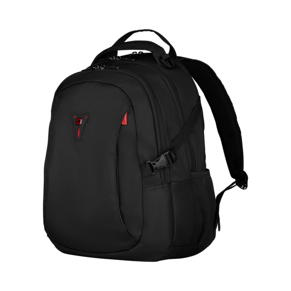 Black backpack with red logo and details, isolated on black background