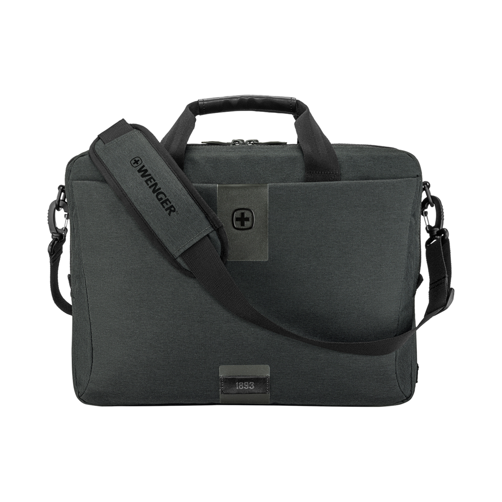 Dark gray briefcase with shoulder strap and Wenger logo, 1893