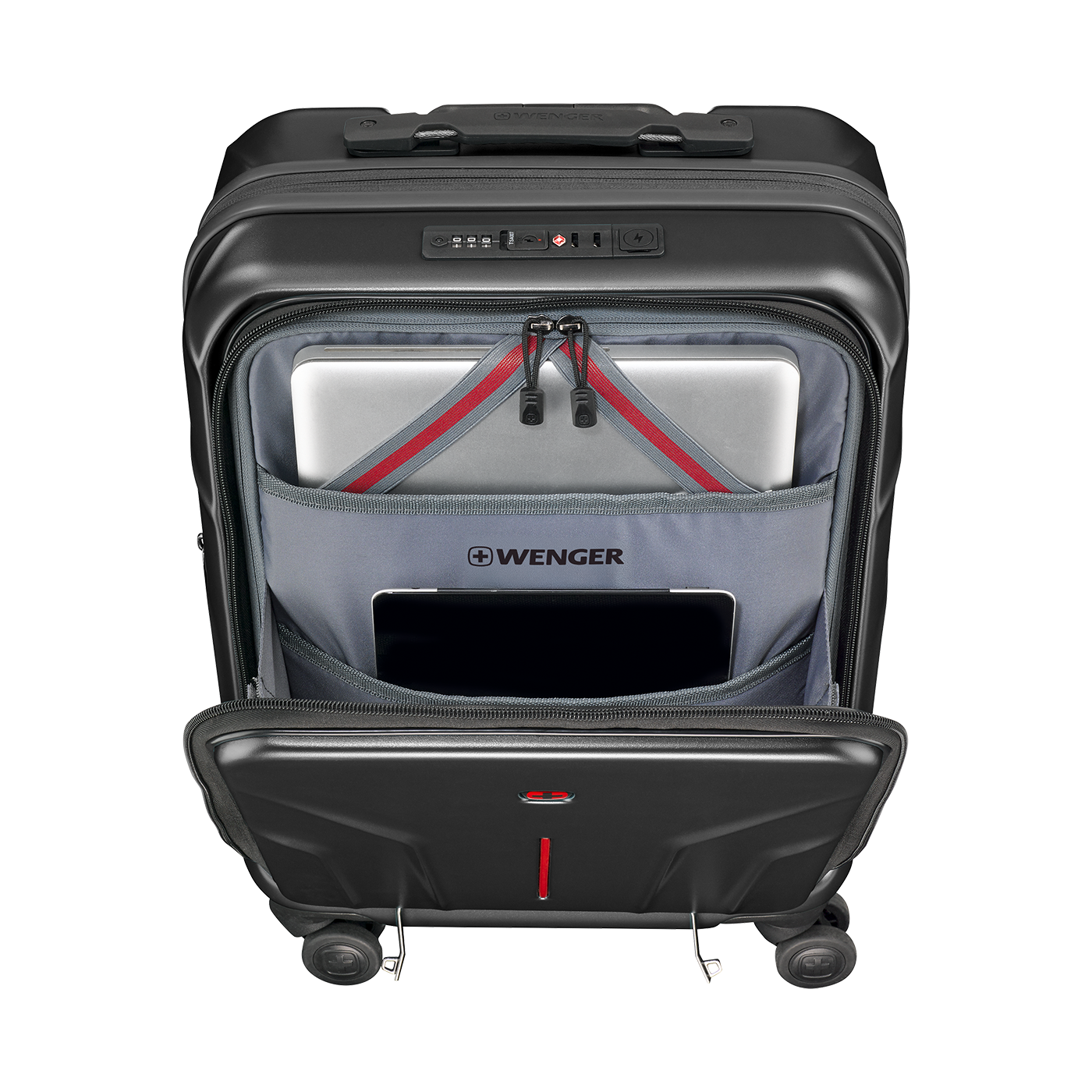 Black suitcase with laptop and tablet, open, photographed from above.