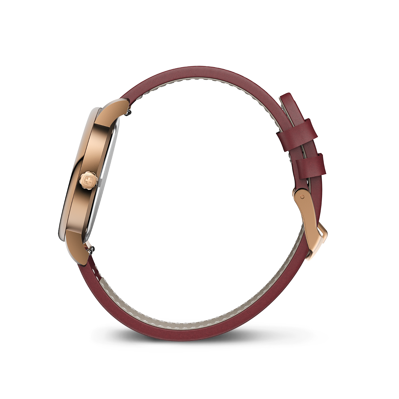 A rose gold watch with a red leather strap shown from the side.
