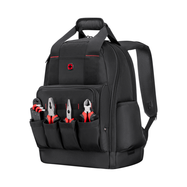 Black tool backpack with tools on the front