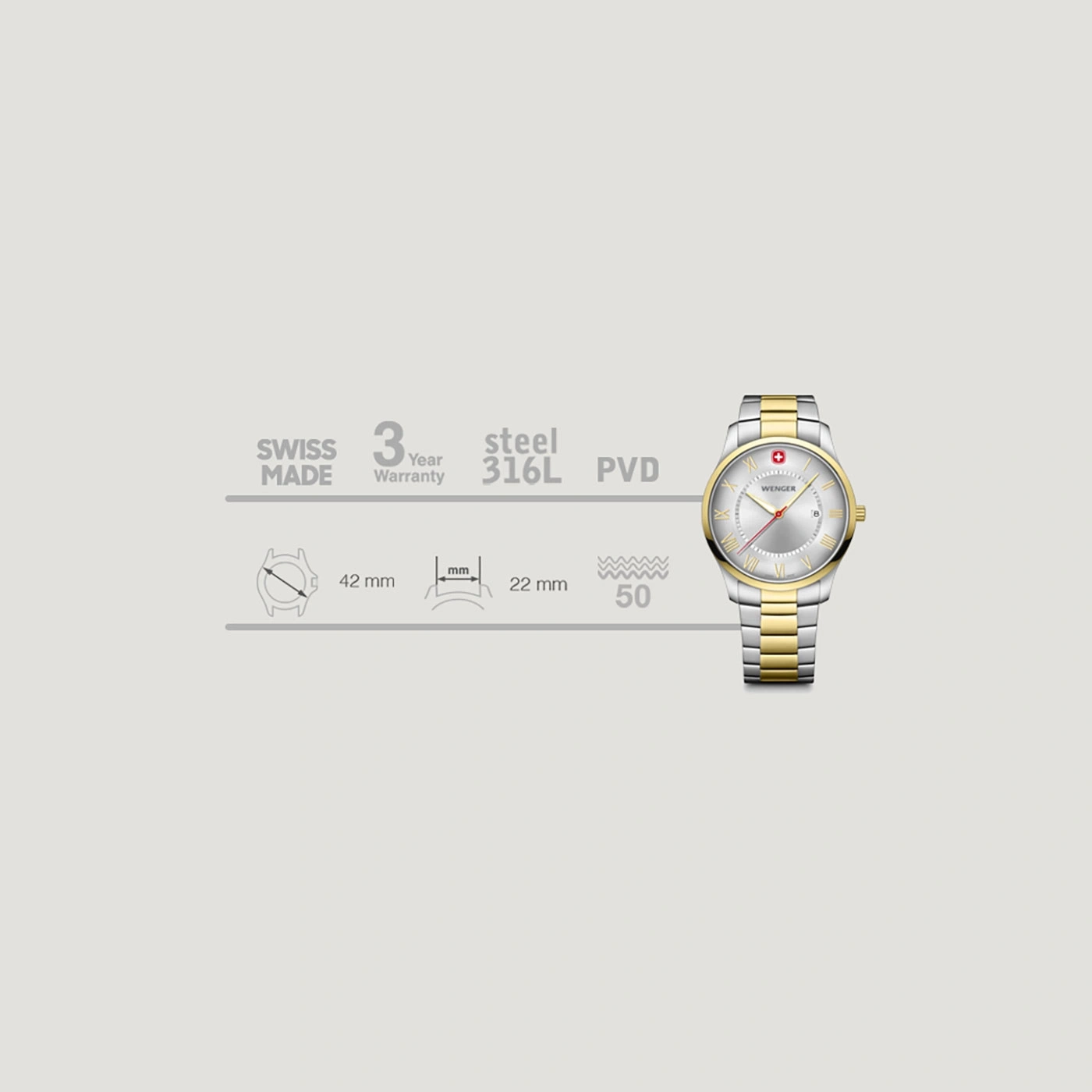 Wenger watch, Swiss Made, 3 year warranty, steel 316L PVD, 42mm, 22mm, 50m water resistant.
