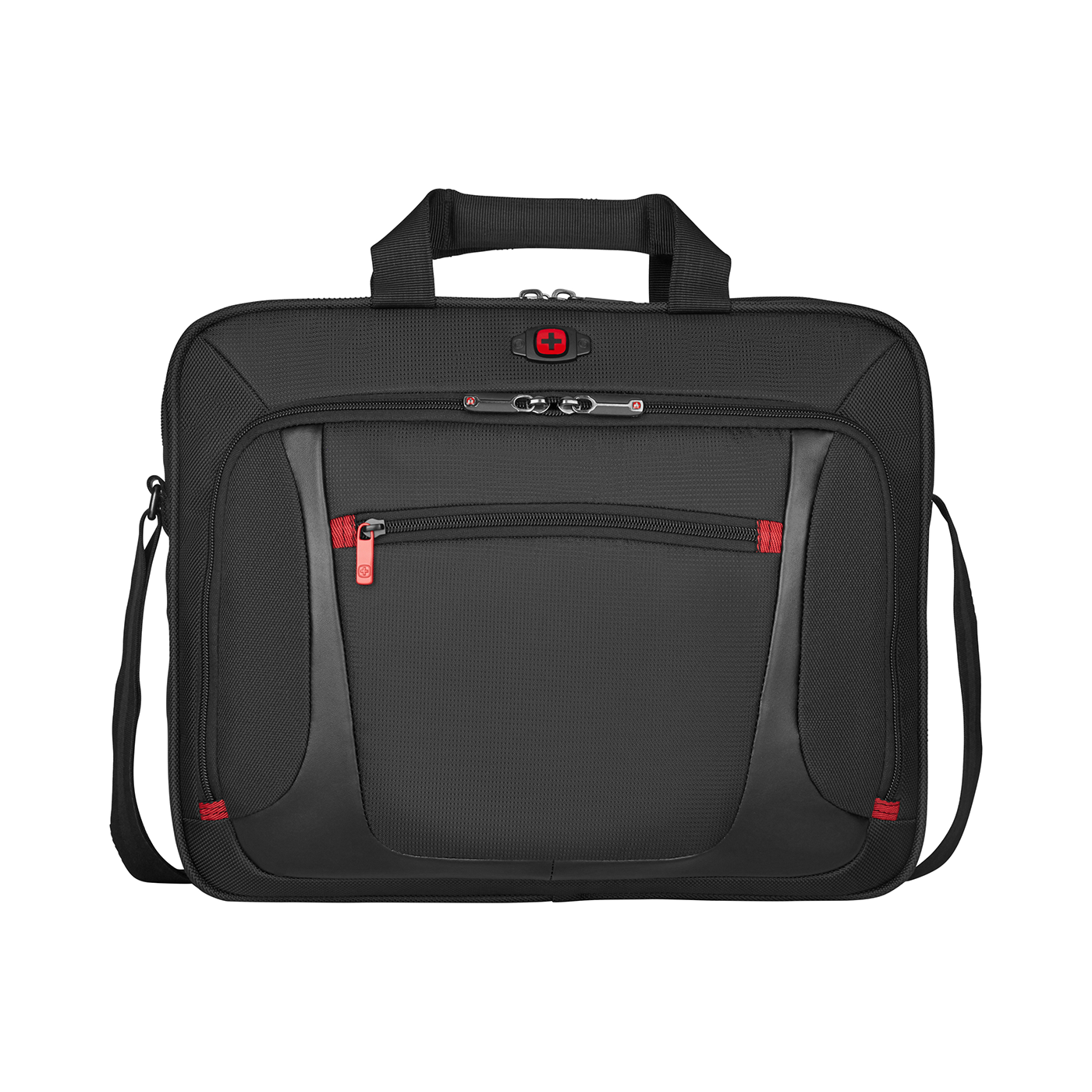 Black briefcase with red zipper and shoulder strap, Swissgear brand, isolated.