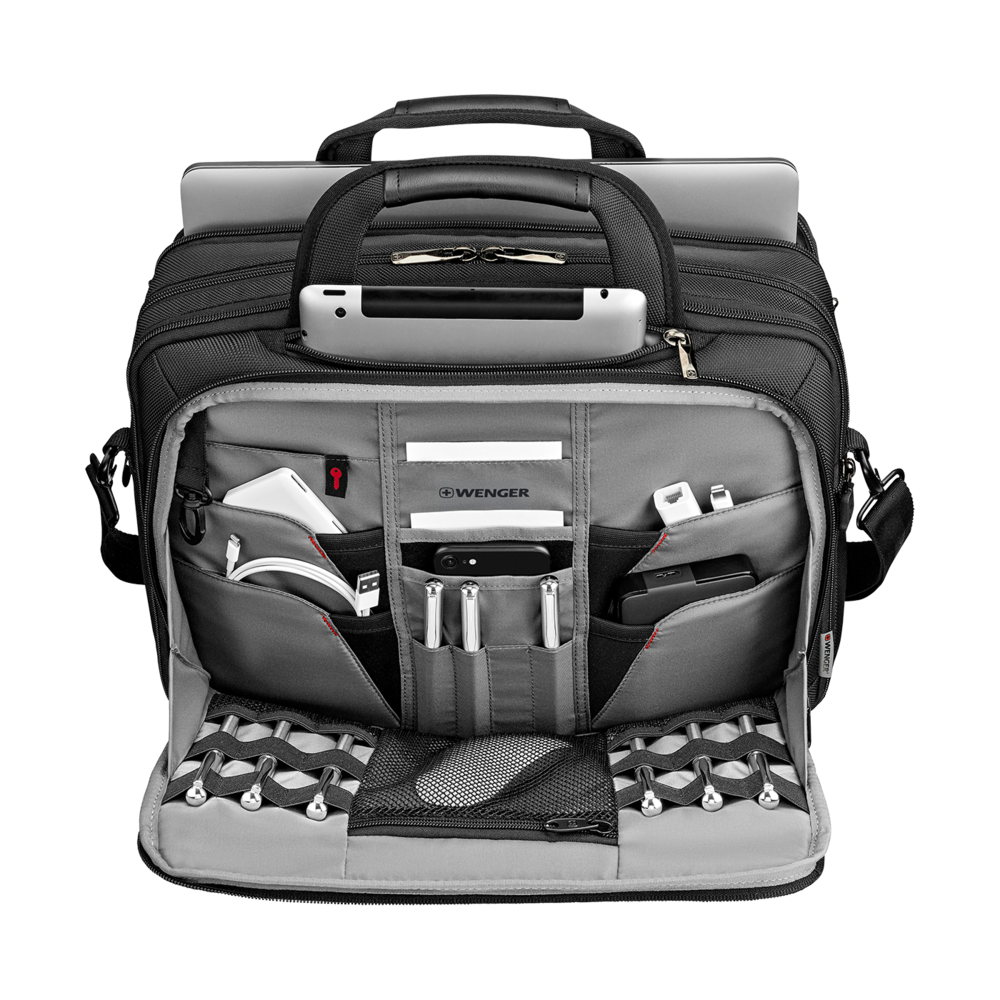 Black Wenger bag with many compartments for laptop and accessories.