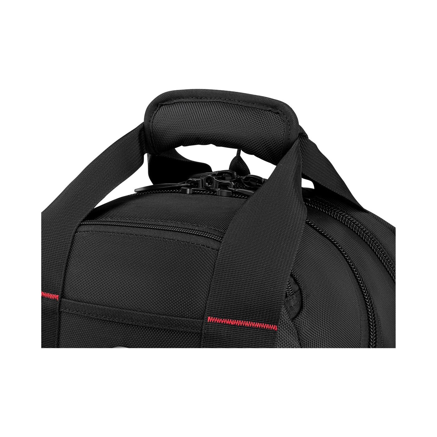 Close up of a black bag with red accents and zippers