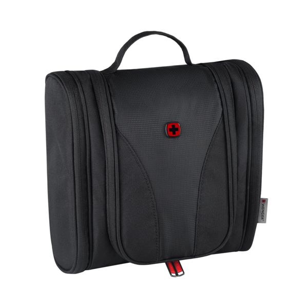 Black toiletry bag with red cross and handle, by Wenger.