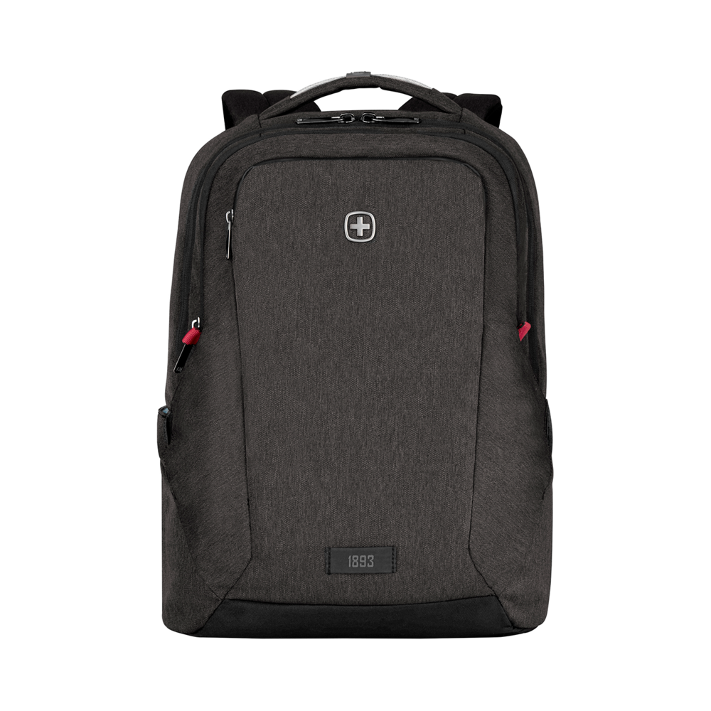 Dark gray backpack with Swiss cross logo, zippers, and the year 1893