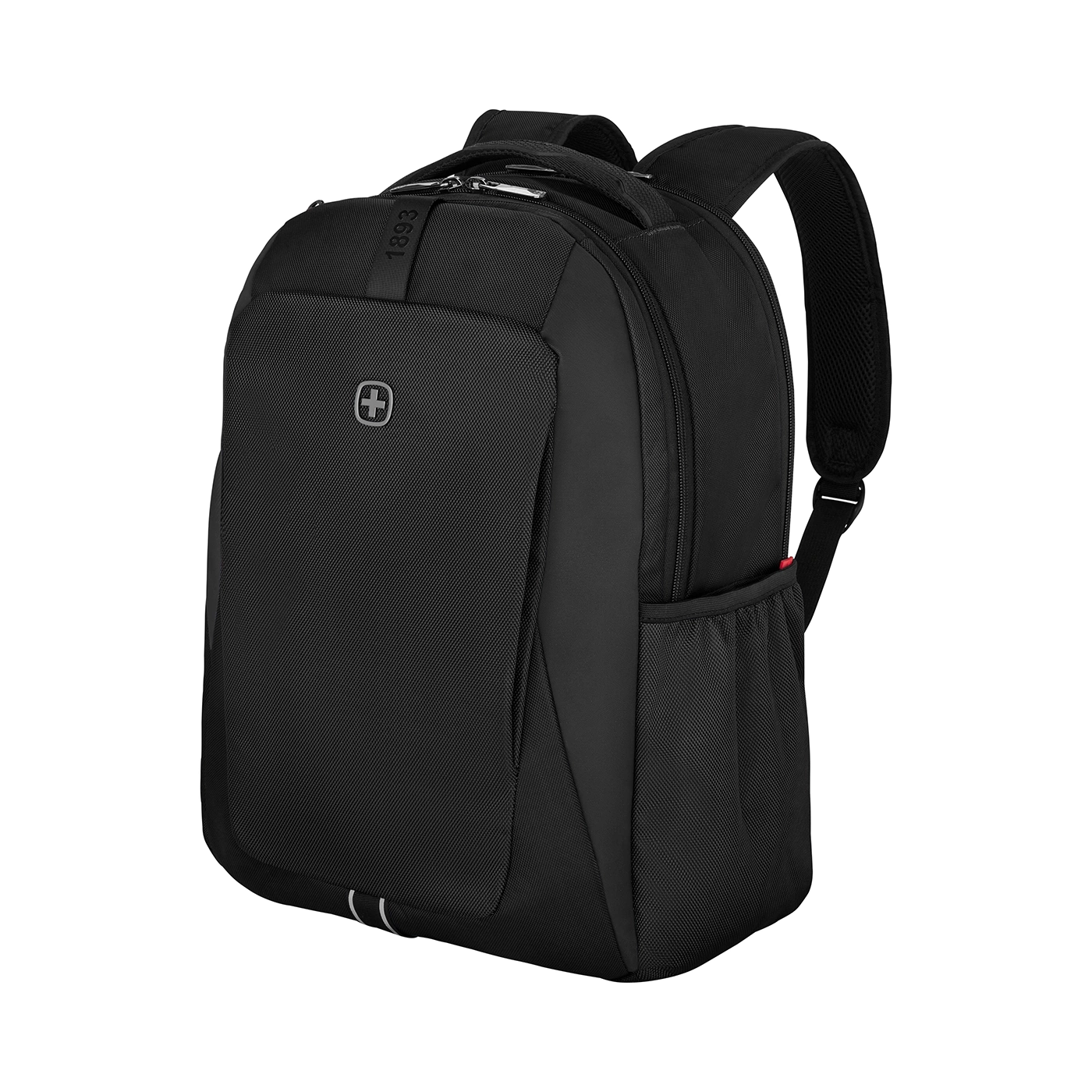 Black backpack with Swiss cross, 1893, for school or work, sturdy design, side pocket
