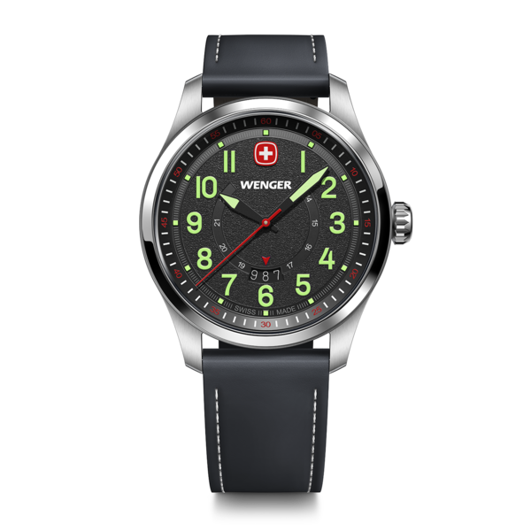 Wenger watch with black dial, leather strap, luminous numerals, and red second hand.