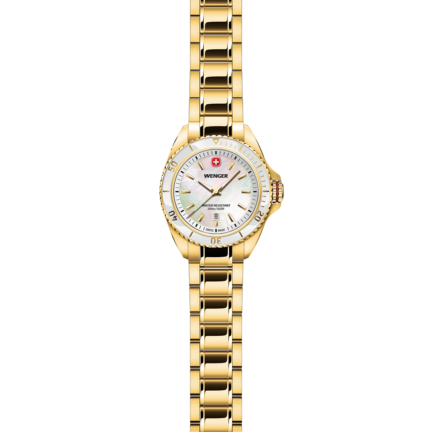 Gold Wenger wristwatch with mother-of-pearl dial and date window