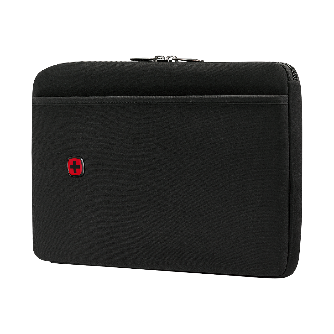 Black laptop sleeve with zipper and red logo, Wenger brand, for computer protection.