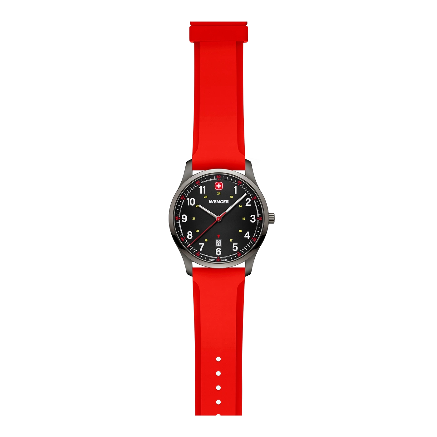 Wenger watch with red strap and black dial, Swiss design, perfect for everyday wear