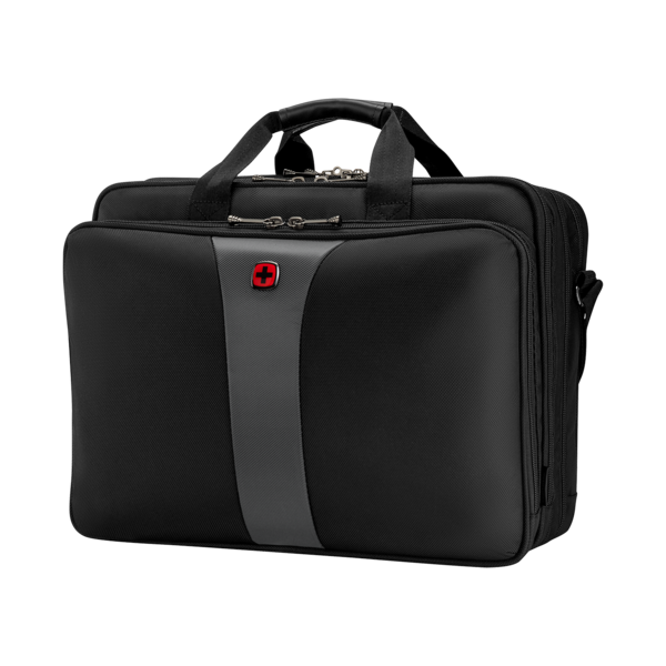 Black briefcase with red cross logo, zippers, and handle, business bag