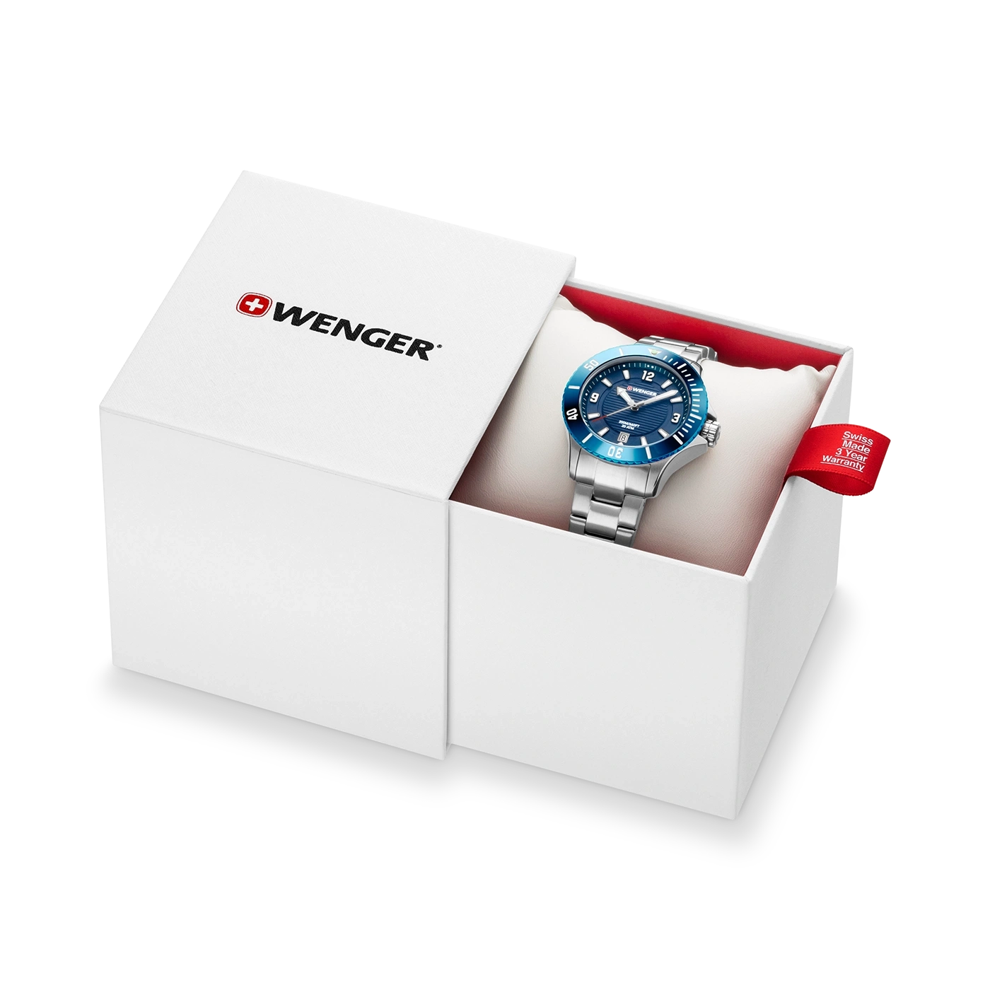 Wenger watch in a white box with a red tag on a black background.