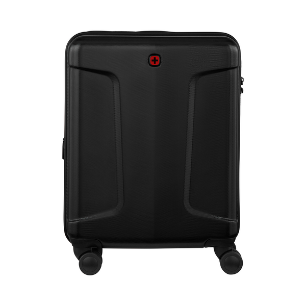 Black suitcase with wheels and red cross on a white background
