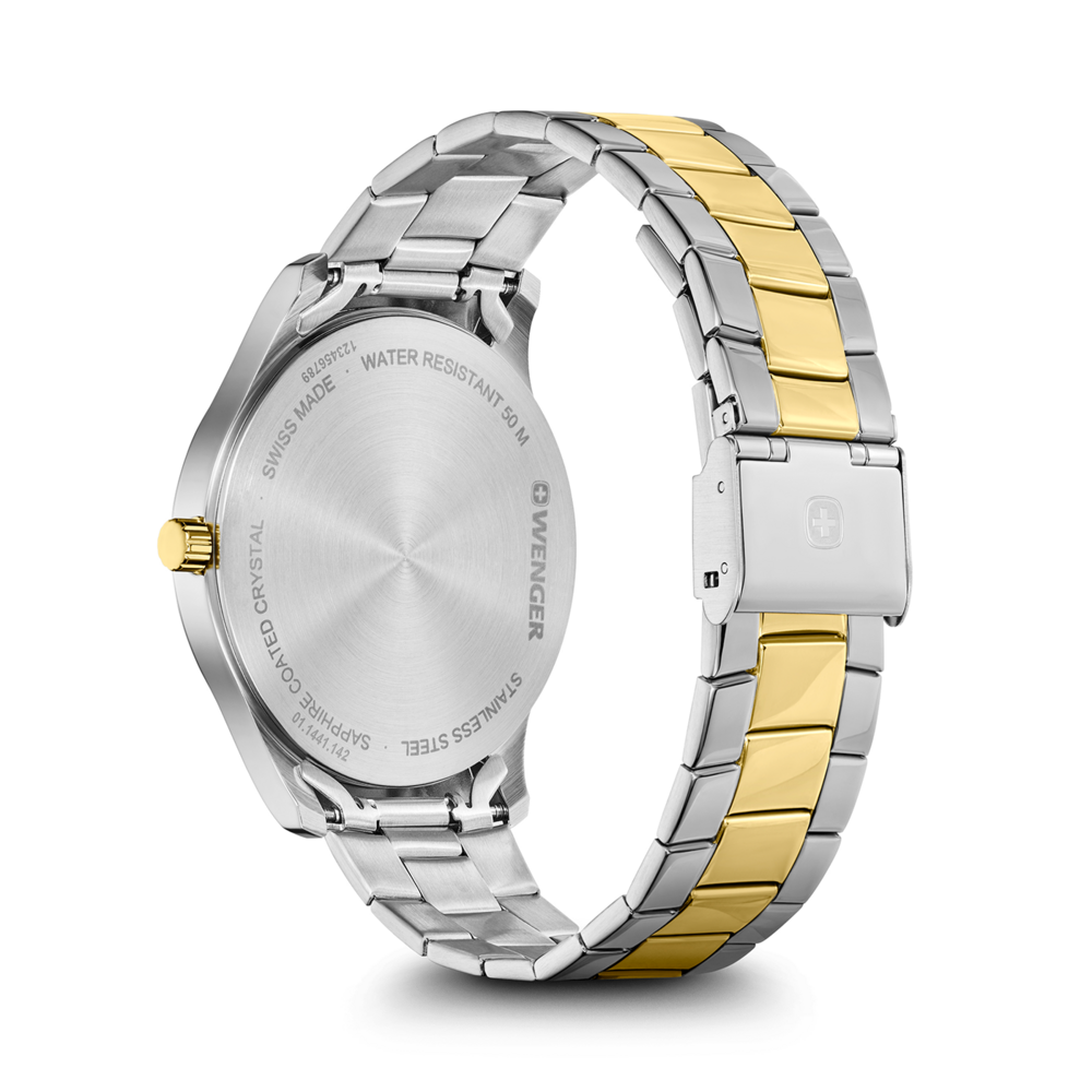 Wenger watch, stainless steel, sapphire crystal, water resistant, Swiss Made, gold and silver