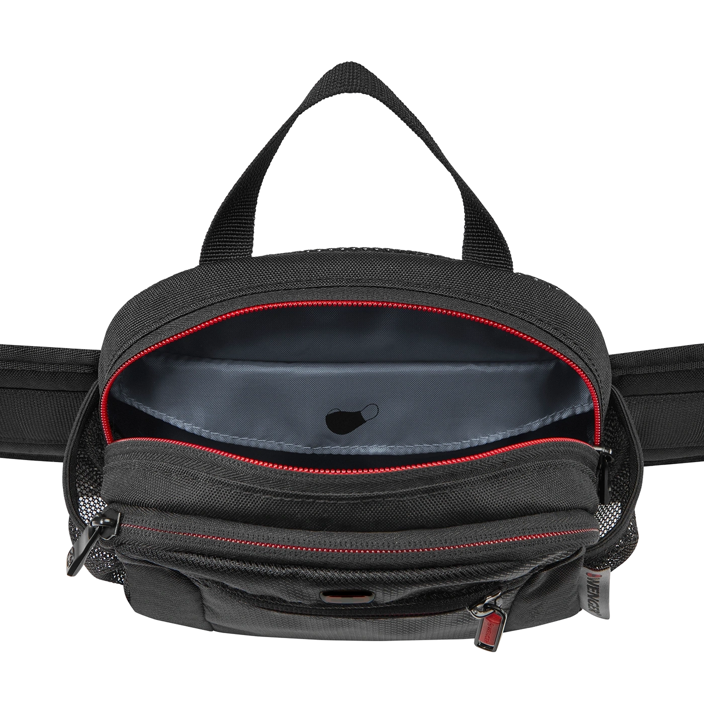 Black bag with red zipper open, handle, and logo, on a black background.